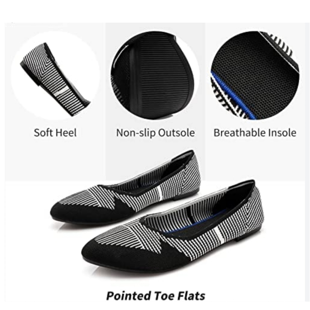Pointed Knit Blk & White Striped Flats sz 40/9 NWOT